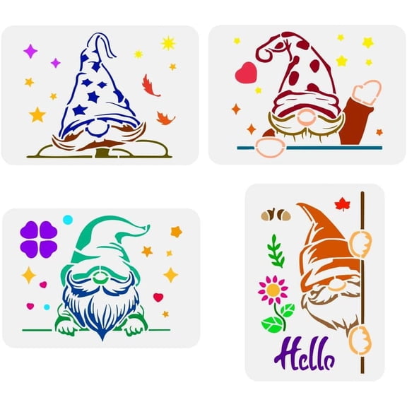 4 PCS Peeping Gnomes Painting Stencil 8.3x11.7inch Reusable Gnomes Pattern Drawing Template Decorative Stars Hearts Leaves DIY Art Dwarfs Stencil for Painting on Wood Wall Furniture