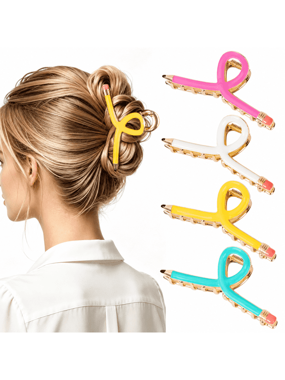 4 PCS Pencil Hair Claw Clips for Women, Teacher Hair Clips for Thick Thin Hair, Funny Back to School Hair Accessories, Teacher Appreciation Gifts