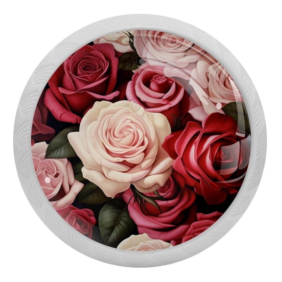 4 PCS Pink Red Rose Flowers Crystal Glass Round Cabinet Knob Drawer Pull Handle Glowing in The Dark for Kitchen, Cupboard, Dresser, Wardrobe, etc