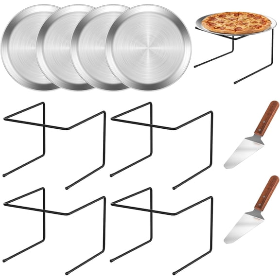 4 PCS Pizza Stand Holder, Black Metal Pizza Pan Display Stands, 4 Pizza Pan and 2 Wood Handle Pie Server, Pizza Rack Stand Pizza Tray for Home and Party