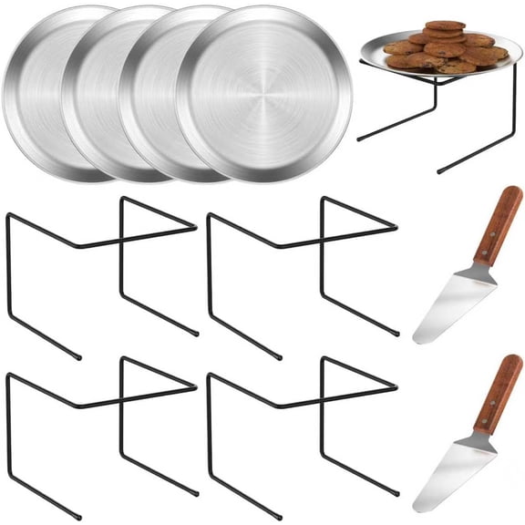 4 PCS Pizza Stand Holder, Black Metal Pizza Pan Display Stands for Buffet Restaurant Home, 4 Pizza Pan and 2 Wood Handle Pie Server