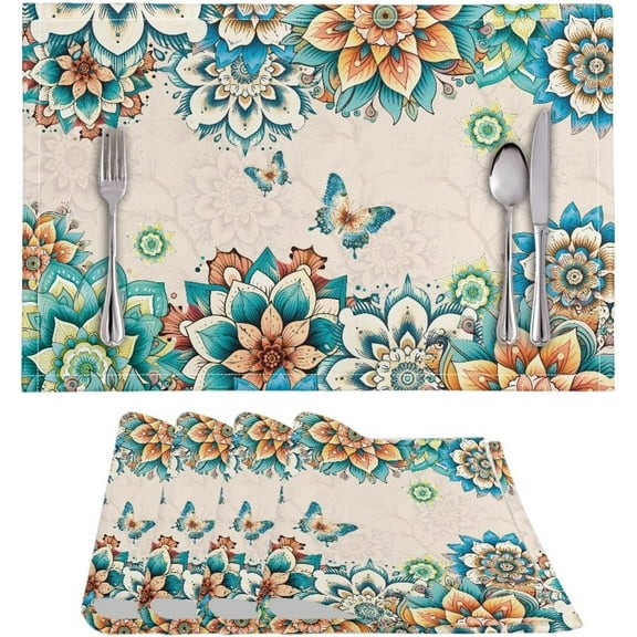 4 PCS Placemats Set, Non-Slip Dining Table Place Mats, Insulation Placemat Coffee Mats Waterproof Oil-Proof for Home Table Decorations, Boho Flower Butterfly