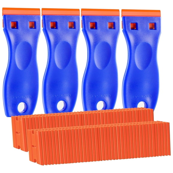 4 PCS Plastic Razor Blade Scraper and 120 PCS Plastic Razor Blades, Cleaning Scraper Tool for Remover, Adhesive, Stickers, Decals, Glass, Labels, Cars Windows