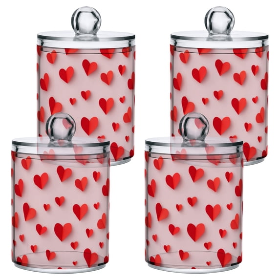 4 PCS Plastic Storage Canister Clear with Lids Airtight Cotton Swabs Cans Bathroom Jar Floss Organizer Red Paper Hearts