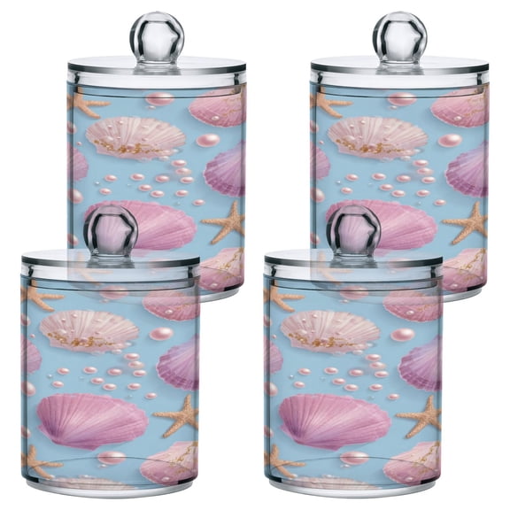 4 PCS Plastic Storage Canister Clear with Lids Airtight Cotton Swabs Cans Bathroom Jar Floss Organizer Seashells and Pearls Pattern