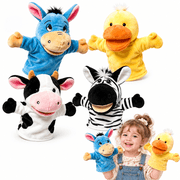 4 Pcs Plush Hand Puppet Set Blue Donkey + Cow + Yellow Duck + Zebra, The Puppet Type Perfect for Storytelling, Teaching, Preschool, Birthday Gifts