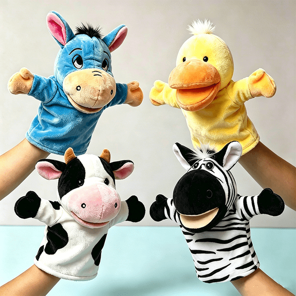 4 PCS Plush Hand Puppet Set (Blue Donkey + Cow + Yellow Duck + Zebra), Perfect for Storytelling,Teaching,Preschool,Birthday Gifts