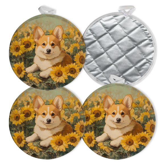4 PCS Pot Holders for Kitchen,Potholders Sets with Hook for Oven,Cooking,Baking,Adorable Corgi Among Golden Sunflowers