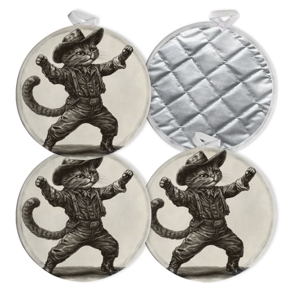 4 PCS Pot Holders for Kitchen,Potholders Sets with Hook for Oven,Cooking,Baking,Anthropomorphic Cat Dressed Cowboy