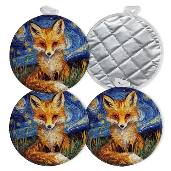 4 PCS Pot Holders for Kitchen,Potholders Sets with Hook for Oven,Cooking,Baking,Artistic Fox Under Swirling Sky