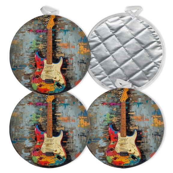 4 PCS Pot Holders for Kitchen,Potholders Sets with Hook for Oven,Cooking,Baking,Artistic Guitar With Worn - Out Charm