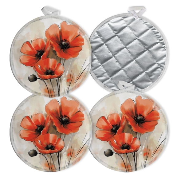 4 PCS Pot Holders for Kitchen,Potholders Sets with Hook for Oven,Cooking,Baking,Artisticpoppy Vector Watercolor Poppies Image