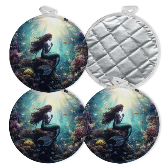 4 PCS Pot Holders for Kitchen,Potholders Sets with Hook for Oven,Cooking,Baking,Beautiful Mermaid Sits At The Bottom Of The Ocean