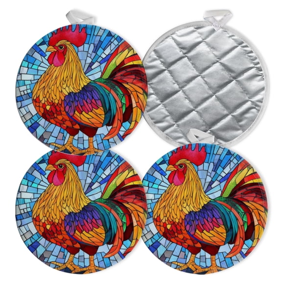 4 PCS Pot Holders for Kitchen,Potholders Sets with Hook for Oven,Cooking,Baking,Beautiful Rooster In The Style Of Stained Glass Mosaic