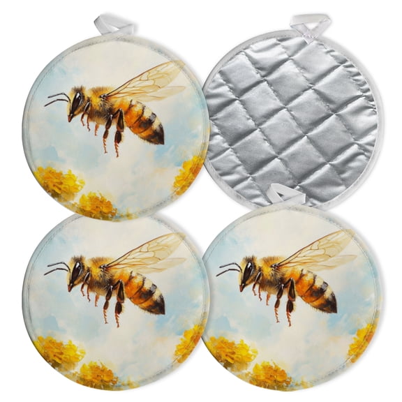 4 PCS Pot Holders for Kitchen,Potholders Sets with Hook for Oven,Cooking,Baking,Bee Flying Over Yellow Flowers