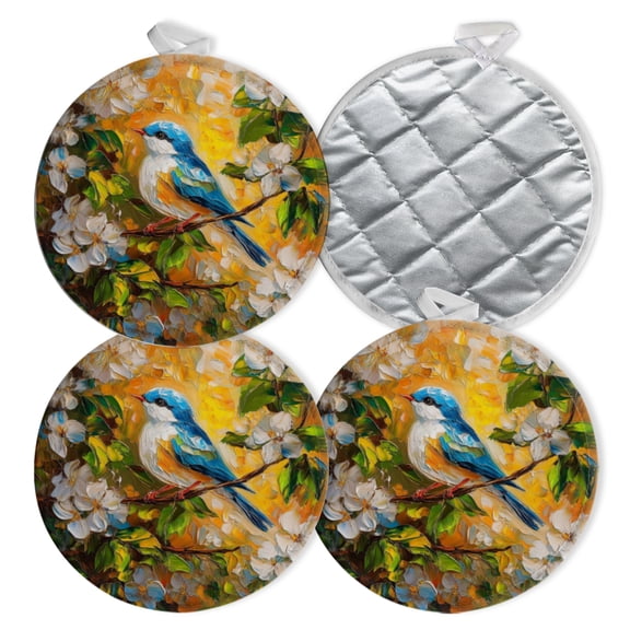 4 PCS Pot Holders for Kitchen,Potholders Sets with Hook for Oven,Cooking,Baking,Bird Amidst White Flowers