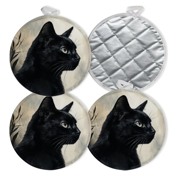4 PCS Pot Holders for Kitchen,Potholders Sets with Hook for Oven,Cooking,Baking,Black Cat Close-Up Of The Head And Body