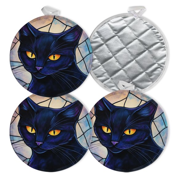 4 PCS Pot Holders for Kitchen,Potholders Sets with Hook for Oven,Cooking,Baking,Black Cat In Stained Glass Style
