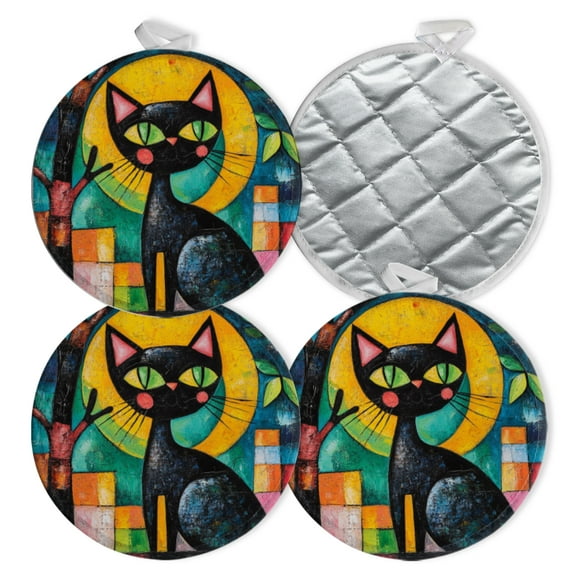 4 PCS Pot Holders for Kitchen,Potholders Sets with Hook for Oven,Cooking,Baking,Black Cat With Artistic Sun Background