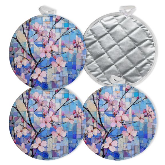 4 PCS Pot Holders for Kitchen,Potholders Sets with Hook for Oven,Cooking,Baking,Blue - Toned Mosaic Cherry Blossom Branch