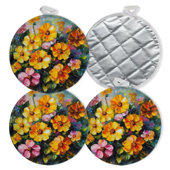 4 PCS Pot Holders for Kitchen,Potholders Sets with Hook for Oven,Cooking,Baking,Cheery Image Of Yellow And Pink Flowers