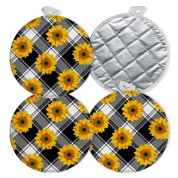 4 PCS Pot Holders for Kitchen,Potholders Sets with Hook for Oven,Cooking,Baking,Close Up Of Plaid Pattern With Sunflowers