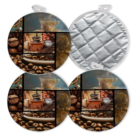 4 PCS Pot Holders for Kitchen,Potholders Sets with Hook for Oven,Cooking,Baking,Collage Of Coffee Images With Cup Of Coffee