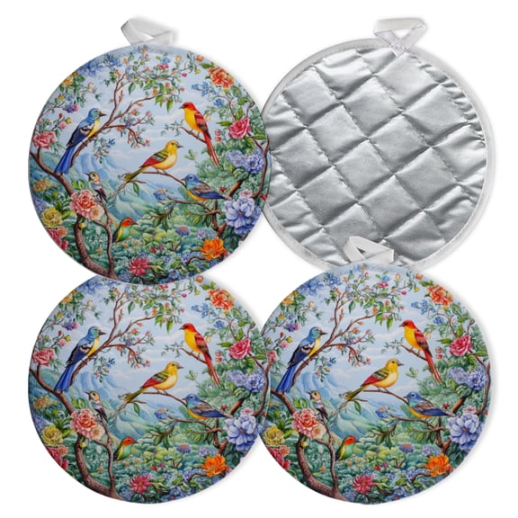 4 PCS Pot Holders for Kitchen,Potholders Sets with Hook for Oven,Cooking,Baking,Color - Rich Bird And Flower Mural - Style Art