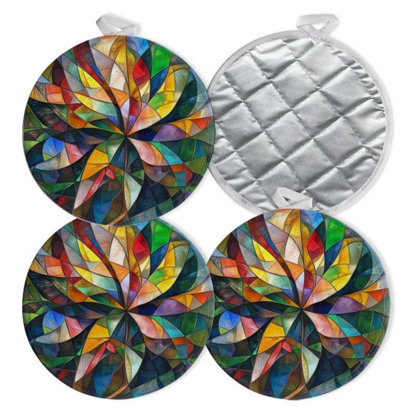 4 PCS Pot Holders for Kitchen,Potholders Sets with Hook for Oven,Cooking,Baking,Color - Rich Stained - Glass Style Artwork
