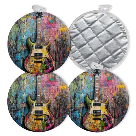 4 PCS Pot Holders for Kitchen,Potholders Sets with Hook for Oven,Cooking,Baking,Colorful Electric Guitar On Graffiti - Style Wall