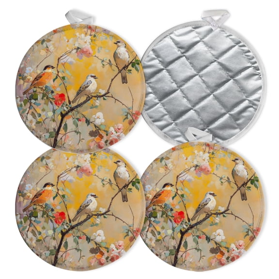 4 PCS Pot Holders for Kitchen,Potholders Sets with Hook for Oven,Cooking,Baking,Colorful Flowers And Small Birds