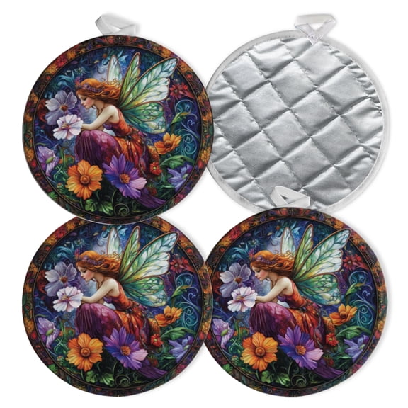 4 PCS Pot Holders for Kitchen,Potholders Sets with Hook for Oven,Cooking,Baking,Colorful Round Design With Colorful Fairy And Flowers