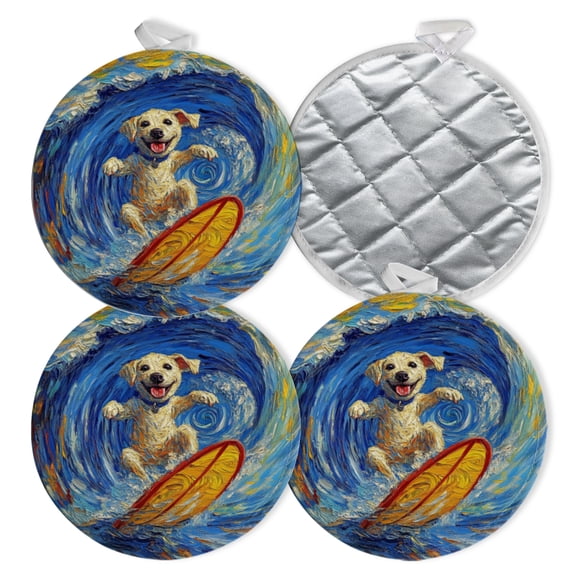 4 PCS Pot Holders for Kitchen,Potholders Sets with Hook for Oven,Cooking,Baking,Cool Funny Surfing Dog Design