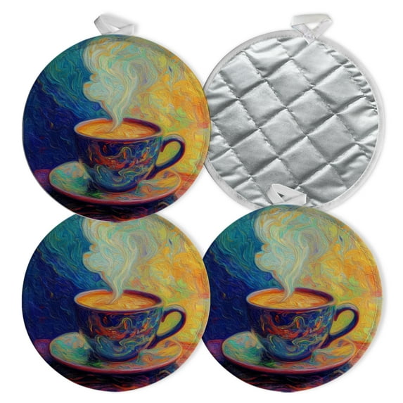 4 PCS Pot Holders for Kitchen,Potholders Sets with Hook for Oven,Cooking,Baking,Cozy Graceful Retro Coffee Cup Breakfast Picture