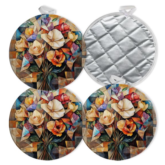 4 PCS Pot Holders for Kitchen,Potholders Sets with Hook for Oven,Cooking,Baking,Cubist - Style Floral Arrangement