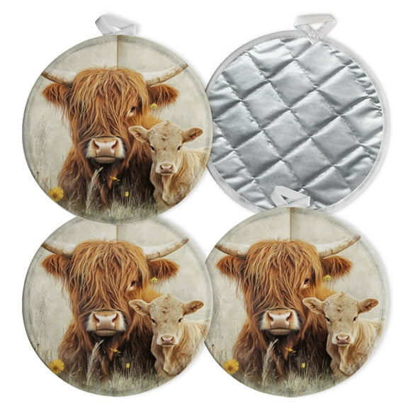 4 PCS Pot Holders for Kitchen,Potholders Sets with Hook for Oven,Cooking,Baking,Cute Baby Highland Cows And Mother