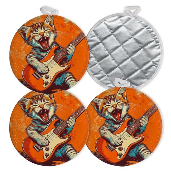 4 PCS Pot Holders for Kitchen,Potholders Sets with Hook for Oven,Cooking,Baking,Cute Kitten Playing Electric Guitar (2)