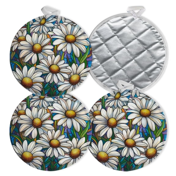 4 PCS Pot Holders for Kitchen,Potholders Sets with Hook for Oven,Cooking,Baking,Daisies With Geometric Stained - Glass Pattern