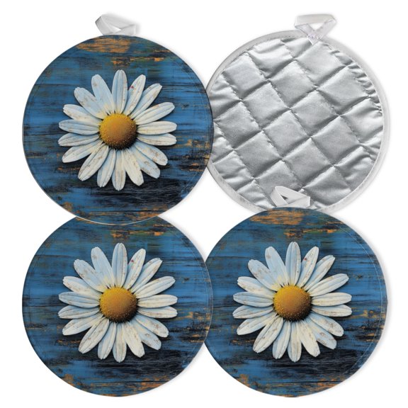 4 PCS Pot Holders for Kitchen,Potholders Sets with Hook for Oven,Cooking,Baking,Daisy On Blue Wooden Texture With Subtle Texture Art