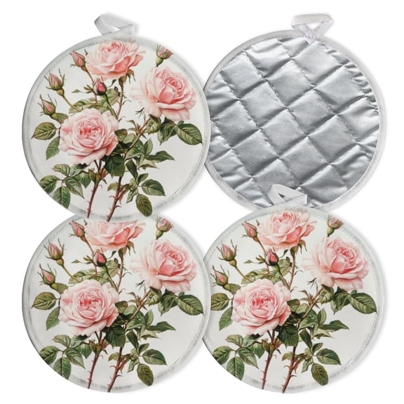 4 PCS Pot Holders for Kitchen,Potholders Sets with Hook for Oven,Cooking,Baking,Delicate Pink Rose Bouquet