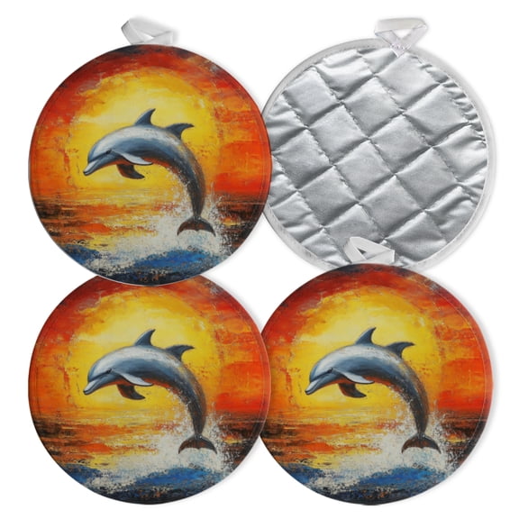 4 PCS Pot Holders for Kitchen,Potholders Sets with Hook for Oven,Cooking,Baking,Dolphin Leaping Against Fiery Sunset