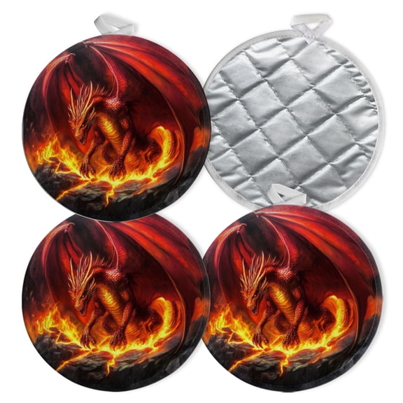 4 PCS Pot Holders for Kitchen,Potholders Sets with Hook for Oven,Cooking,Baking,Dragon In The Middle Of Fire