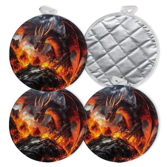 4 PCS Pot Holders for Kitchen,Potholders Sets with Hook for Oven,Cooking,Baking,Dragon Surrounded By Lava And Fire