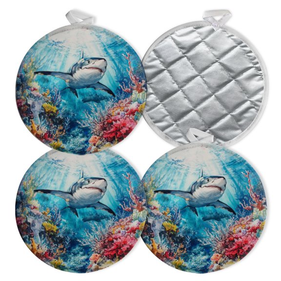 4 PCS Pot Holders for Kitchen,Potholders Sets with Hook for Oven,Cooking,Baking,Dynamic Shark Illustration In Water - Splattered Style