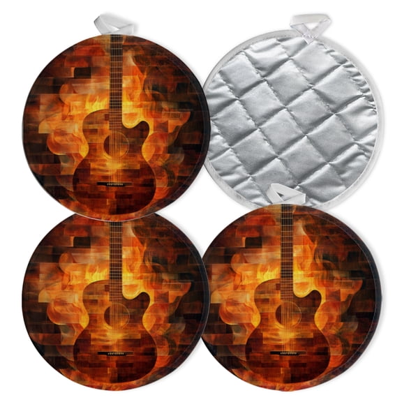 4 PCS Pot Holders for Kitchen,Potholders Sets with Hook for Oven,Cooking,Baking,Edgy Pattern Of Guitar On Fire
