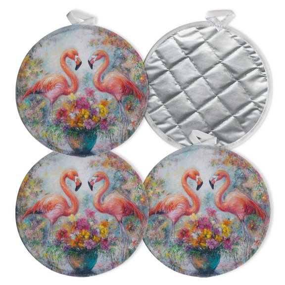 4 PCS Pot Holders for Kitchen,Potholders Sets with Hook for Oven,Cooking,Baking,Elegant Flamingos And A Bouquet Of Colors