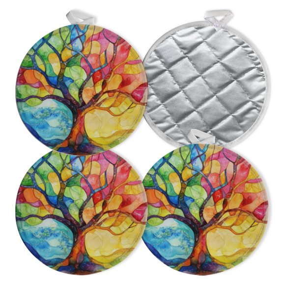 4 PCS Pot Holders for Kitchen,Potholders Sets with Hook for Oven,Cooking,Baking,Enchanting Tree In Rainbow Of Hues