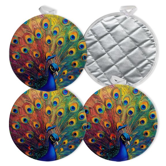 4 PCS Pot Holders for Kitchen,Potholders Sets with Hook for Oven,Cooking,Baking,Exquisite Image Of Rainbow Peacock Feathers