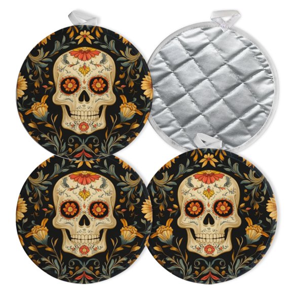 4 PCS Pot Holders for Kitchen,Potholders Sets with Hook for Oven,Cooking,Baking,Floral - Embellished Skull In Symmetric Design