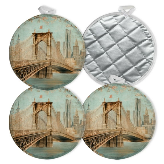 4 PCS Pot Holders for Kitchen,Potholders Sets with Hook for Oven,Cooking,Baking,Floral - Framed Brooklyn Bridge Art